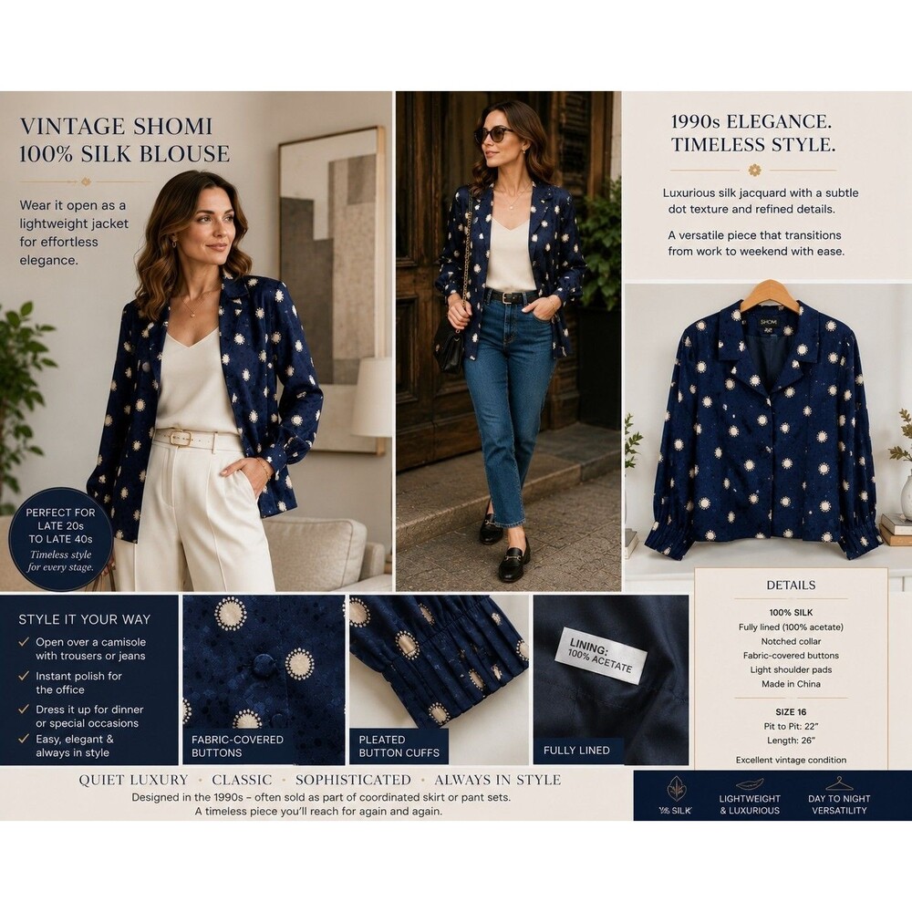 Vintage Shomi Women Silk Blouse Size 16 Quiet Luxury Navy Jacquard Jacket Style